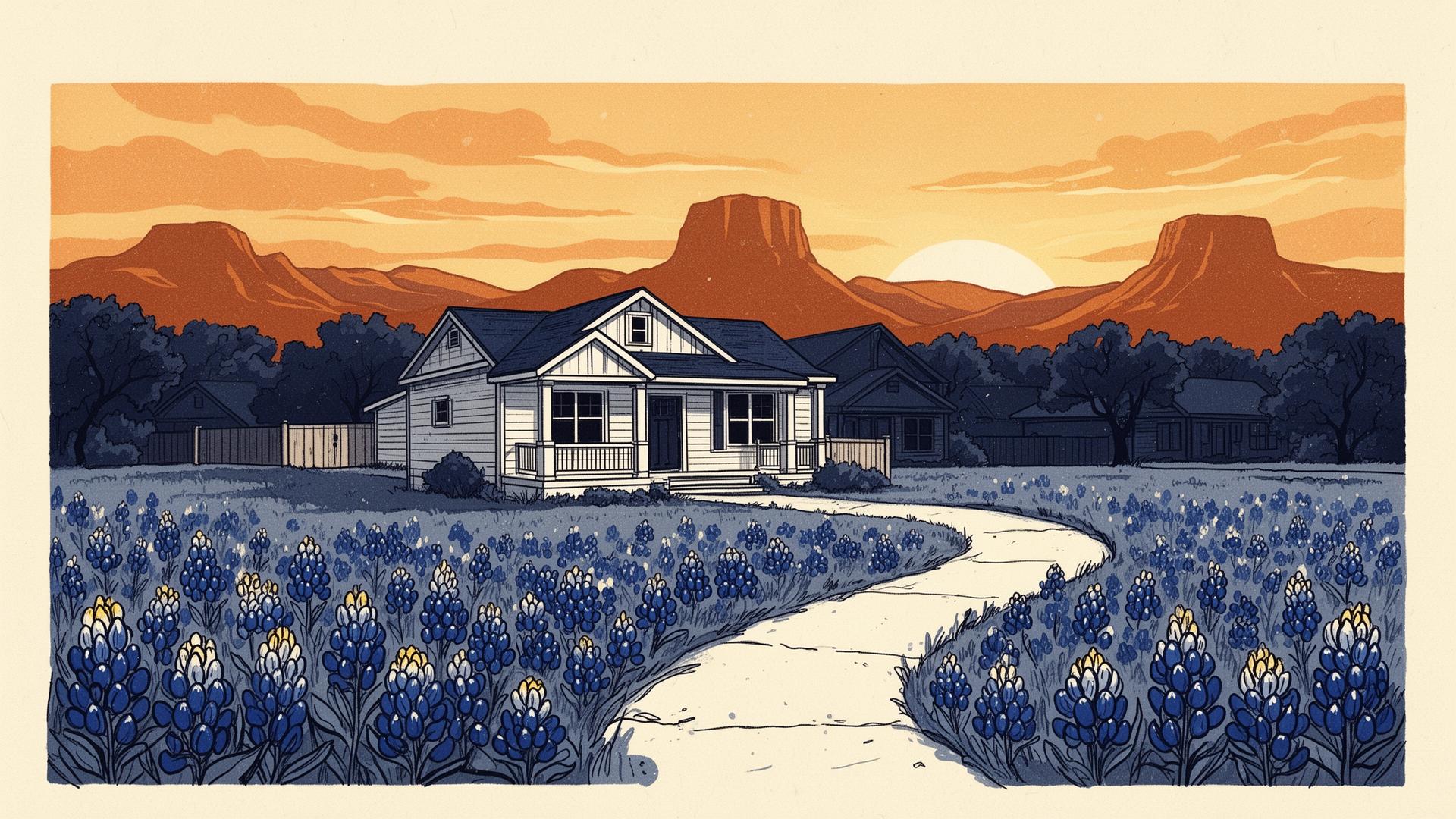 Illustration of a Texas craftsman home at sunset surrounded by a field of bluebonnets, with Hill Country buttes in the distance.